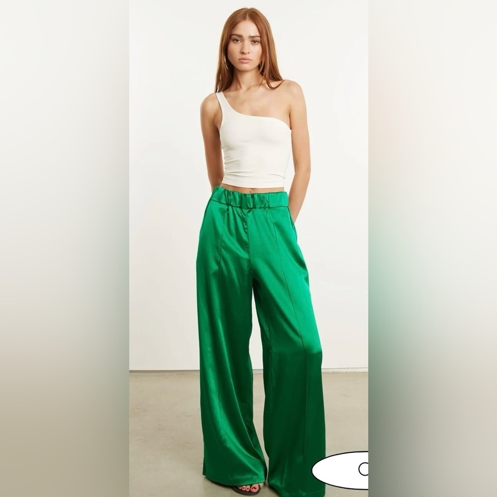 SPRWMN GREEN SILK WIDE LEG PINTUCK PANTS